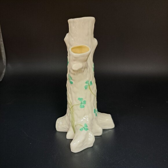 Belleek Irish Porcelain Shamrock Tree Stump Bud Vase Vintage Green Stamp - Picture 6 of 15